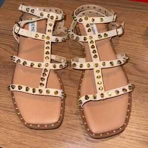 Steve Madden Sunnie Studded Gladiator Sandals Cream Tan Gold Square Toe Mens 7M